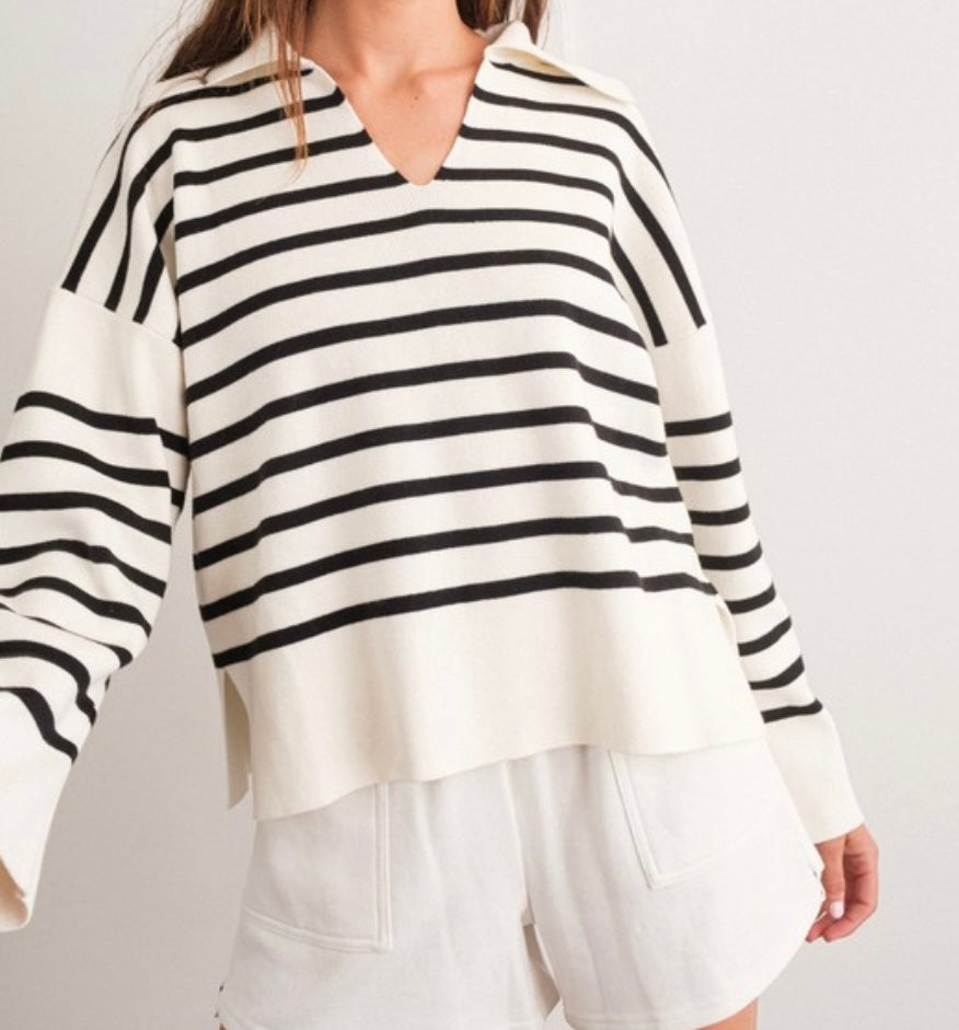 Striped Collared V Neck Sweater/Top