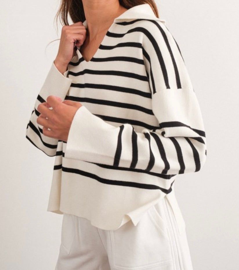 Striped Collared V Neck Sweater/Top