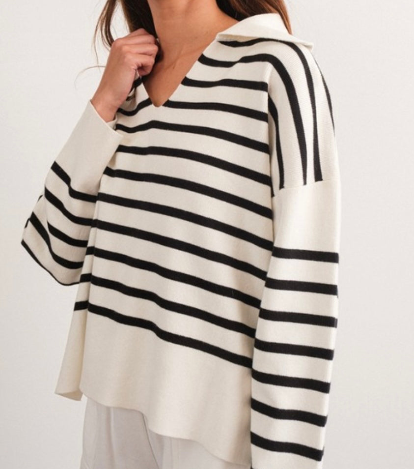 Striped Collared V Neck Sweater/Top