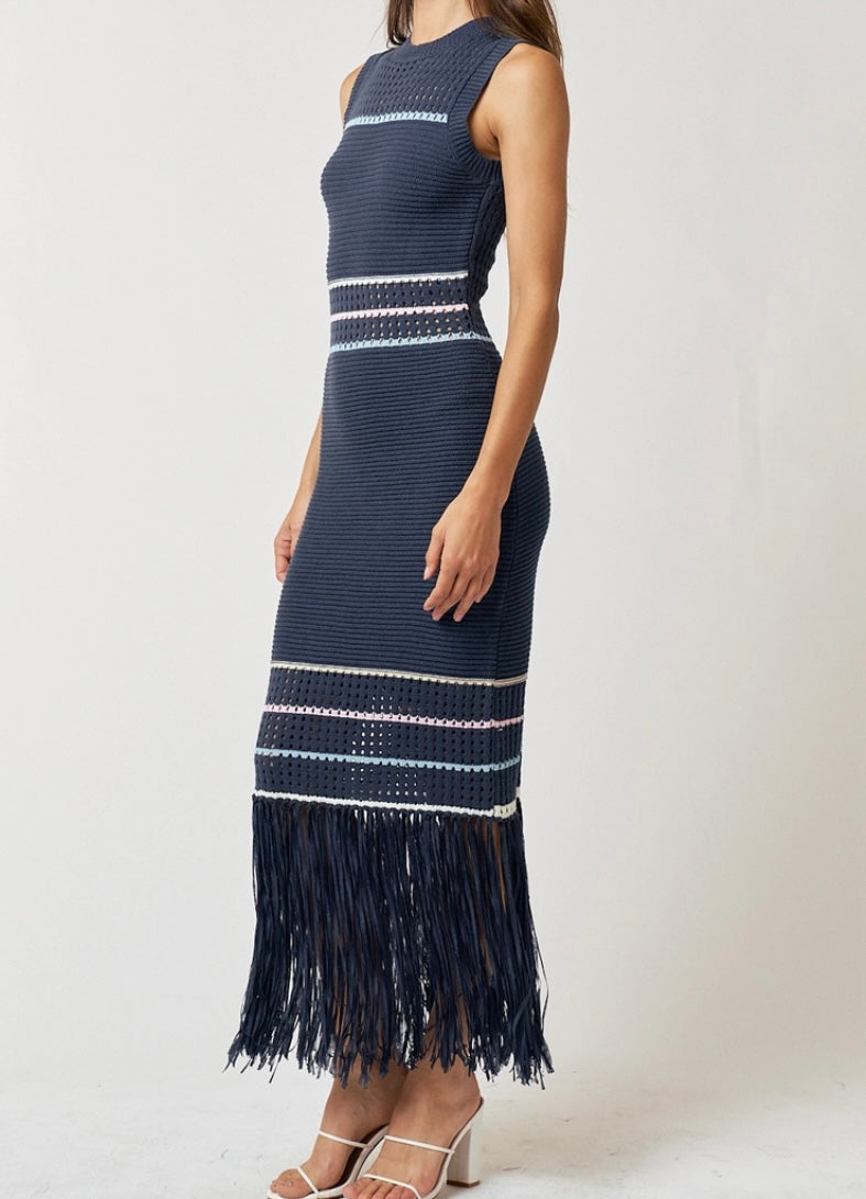 Knit Stripe and Fringe Detailed Long Dress