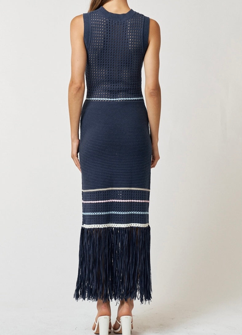 Knit Stripe and Fringe Detailed Long Dress