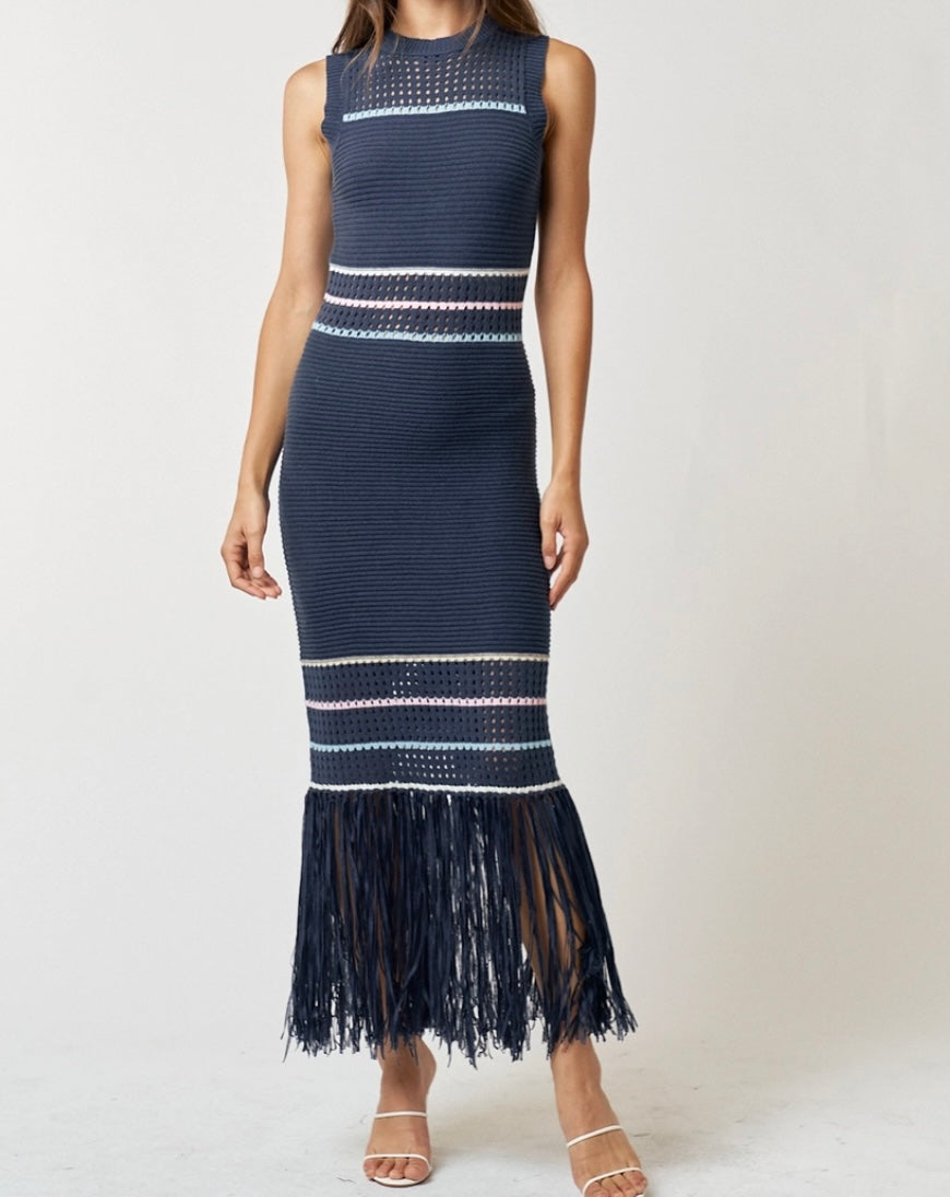 Knit Stripe and Fringe Detailed Long Dress